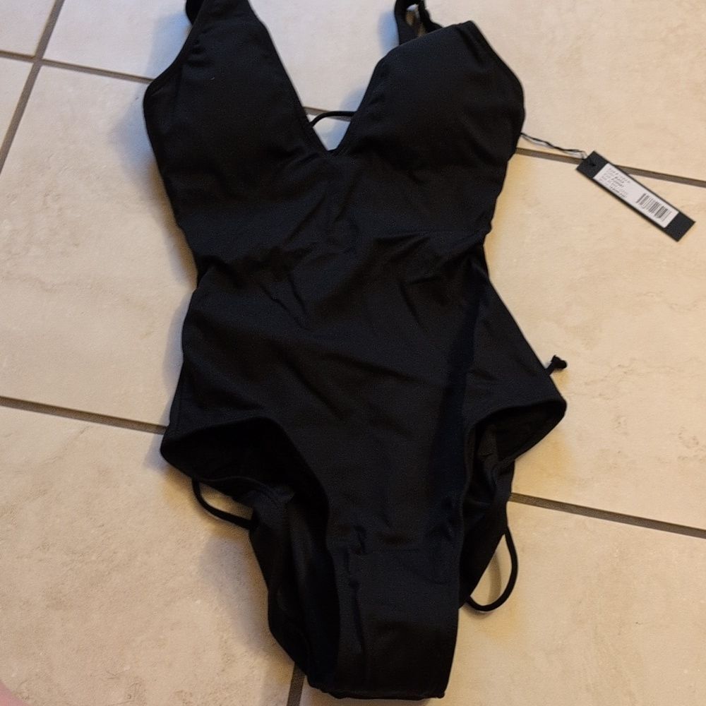 NWT TA3 Plungey Corset Back One Piece Swimsuit Black Sculpting Size XS